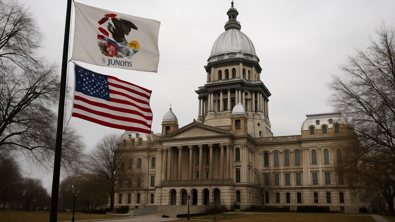 Het State Capitol van Illinois in Springfield met de vlag van Illinois en de Amerikaanse vlag op de voorgrond