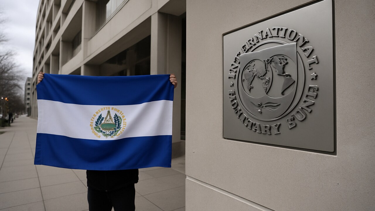 Vlag van El Salvador voor het hoofdkantoor van het IMF in Washington