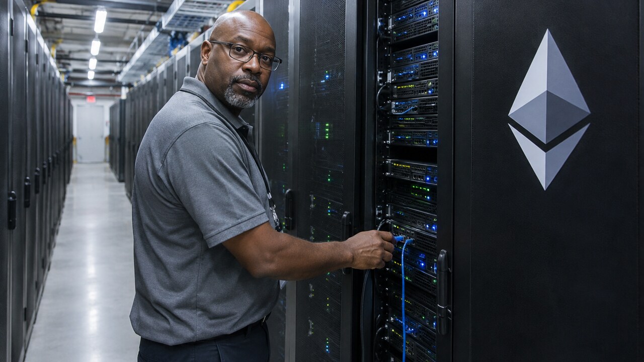 Technicus sluit een kabel aan in een datacenter met serverracks, met een groot Ethereum-logo op de voorste rack