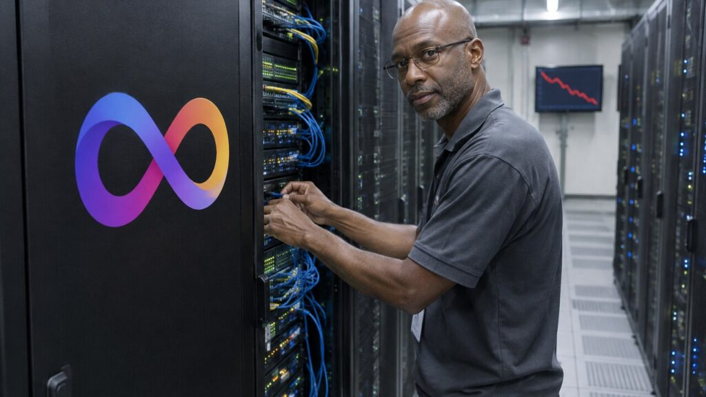 Technicus in een datacenter sluit kabels aan bij een serverrack met het Internet Computer-logo, met op de achtergrond een scherm met een dalende rode koerslijn