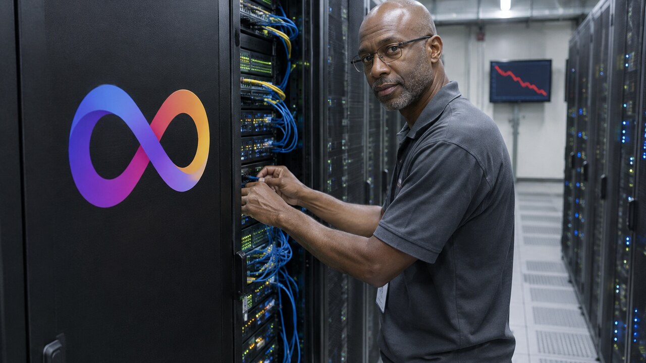 Technicus in een datacenter sluit kabels aan bij een serverrack met het Internet Computer-logo, met op de achtergrond een scherm met een dalende rode koerslijn