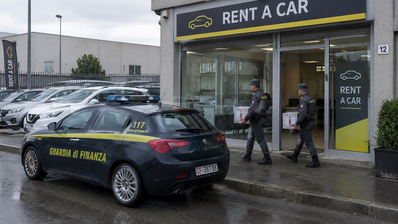 Agenten van de Italiaanse financiële politie dragen bewijsdozen naar buiten bij een autoverhuurbedrijf aan de rand van Milaan