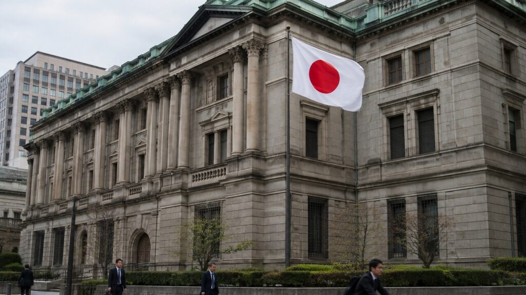 Hoofdkantoor van de Bank of Japan in Tokio met de Japanse vlag ervoor en voorbijgangers op straat