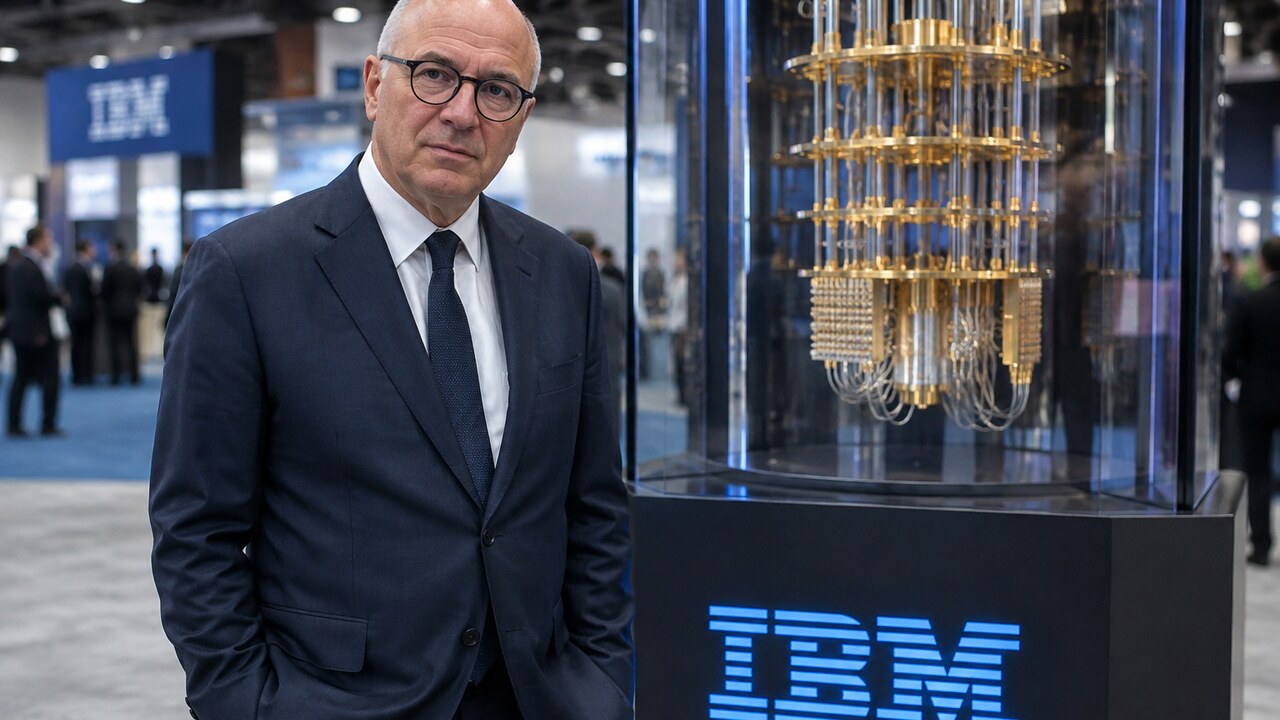 Kevin O'Leary staat naast een IBM-kwantumcomputer in een glazen vitrine op een technologiebeurs