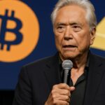 Robert Kiyosaki spreekt op een podium met een Bitcoin-logo en goud op het scherm achter hem