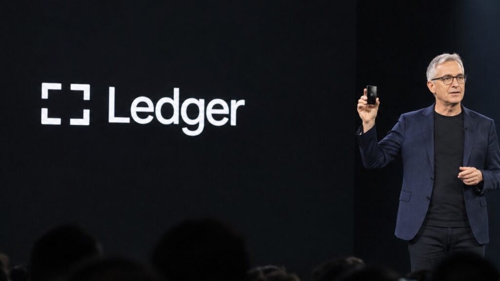 Presentator op het podium van Ledger Op3n in Parijs houdt de Ledger Atom omhoog, met het Ledger-logo op het scherm