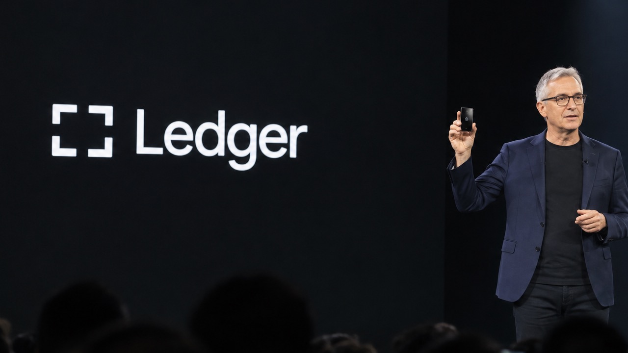 Presentator op het podium van Ledger Op3n in Parijs houdt de Ledger Atom omhoog, met het Ledger-logo op het scherm