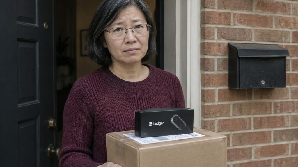 Vrouw in een deuropening houdt een ongeopend pakket met een Ledger hardware wallet vast en kijkt bezorgd