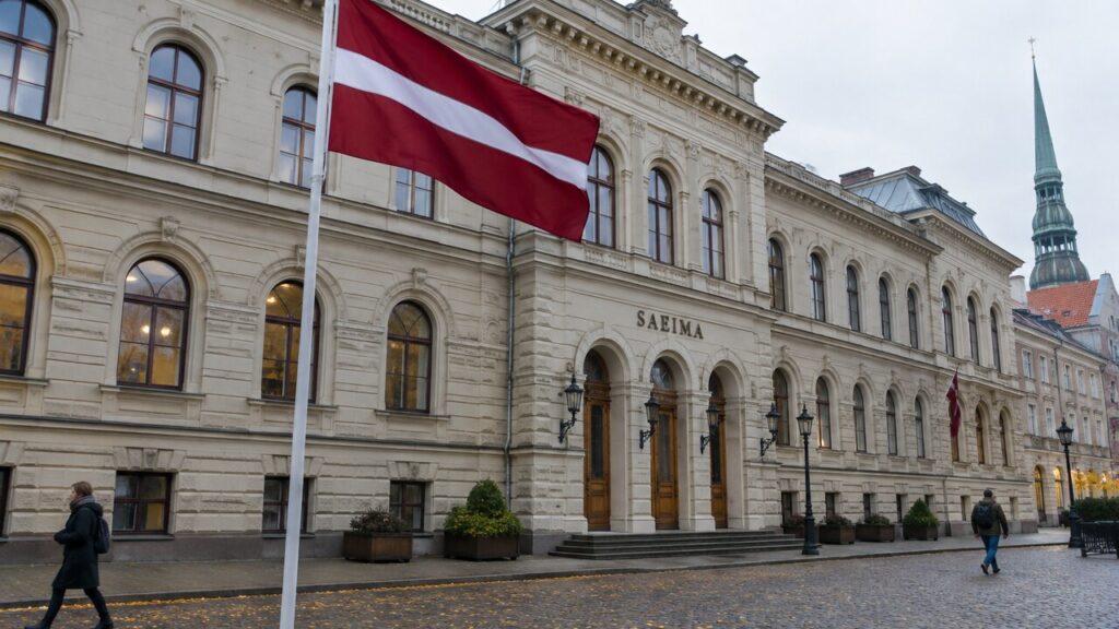 De Letse vlag wappert voor het parlementsgebouw van de Saeima in de oude binnenstad van Riga