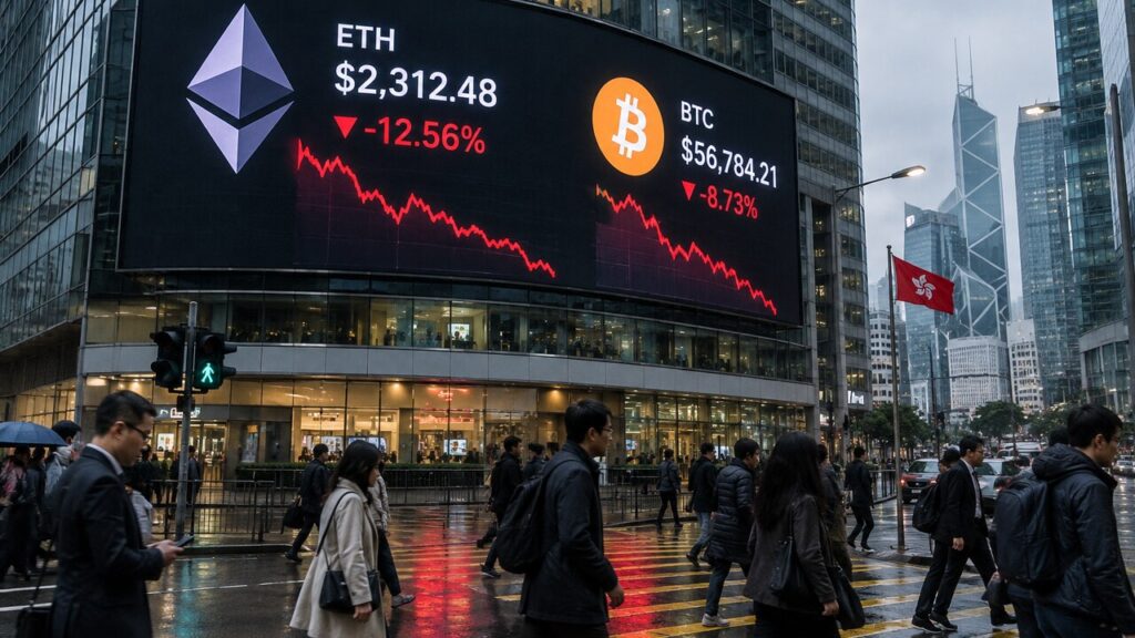 Groot LED-scherm boven een drukke kruising in Hongkong met het Ethereum- en Bitcoin-logo en rood dalende koerslijnen