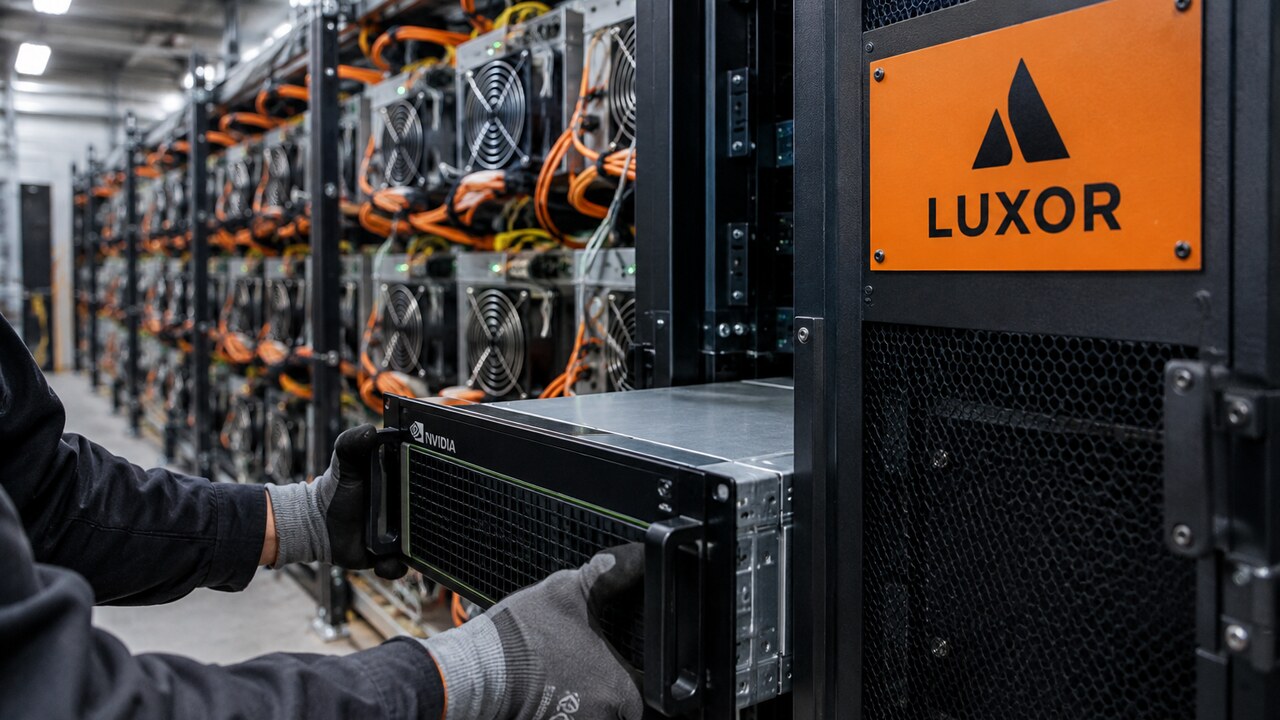 Technicus schuift een AI-server in een rack met Luxor-logo, met daarachter een rij Bitcoin-mijnbouwmachines in een datacenter