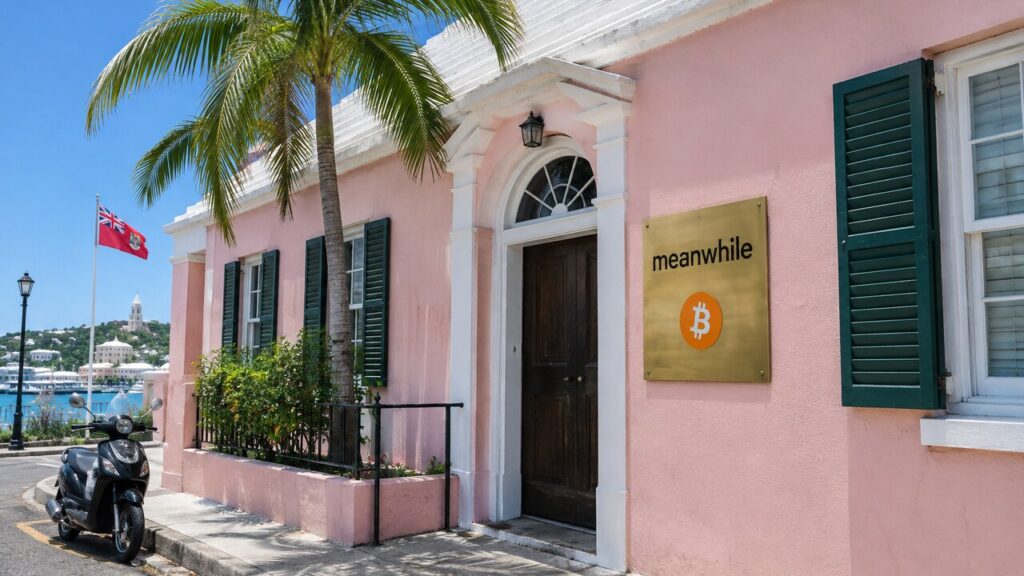 Roze koloniaal pand in Hamilton, Bermuda, met een messing naambord van Meanwhile en een oranje Bitcoin-symbool naast de voordeur