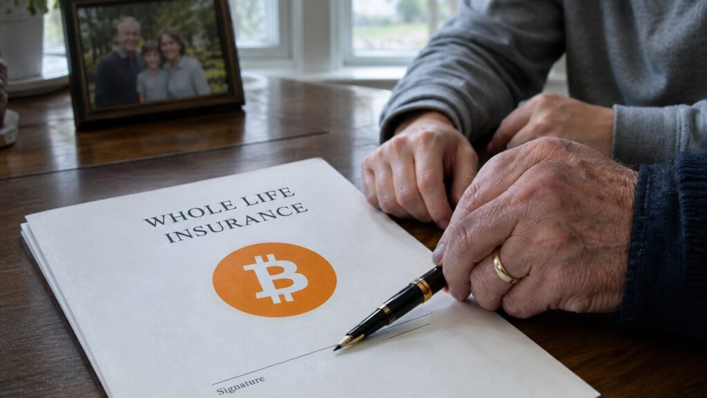 Close-up van een levensverzekeringspolis met een groot Bitcoin-symbool op een eettafel, met de hand van een oudere man en zijn kleinzoon bij een vulpen