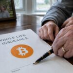 Close-up van een levensverzekeringspolis met een groot Bitcoin-symbool op een eettafel, met de hand van een oudere man en zijn kleinzoon bij een vulpen
