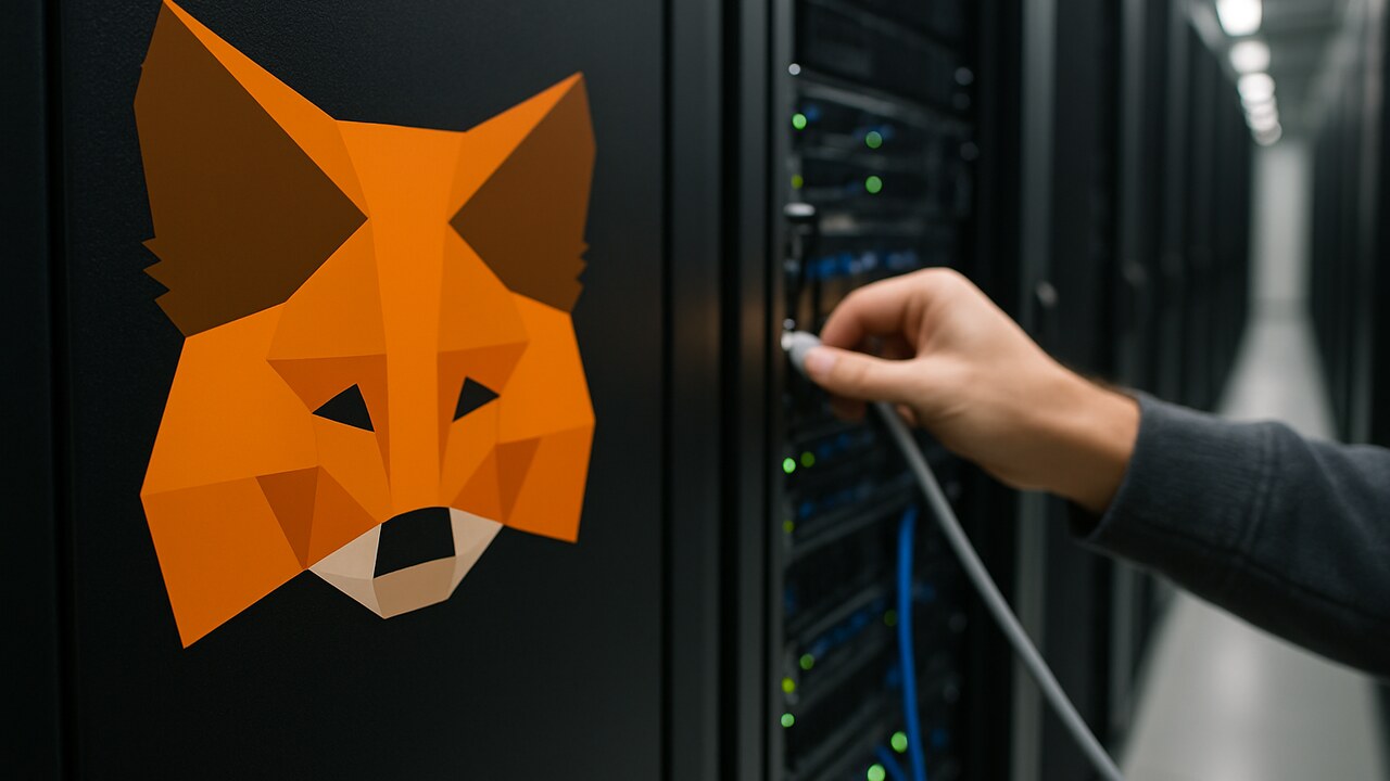 Een hand trekt een netwerkkabel uit een server in een datacenter met een groot MetaMask-vossenlogo op het rack