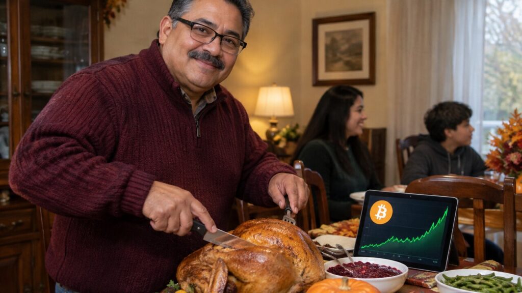 Man snijdt een kalkoen aan tijdens een Thanksgiving-diner, naast hem een tablet met een stijgende Bitcoin-grafiek