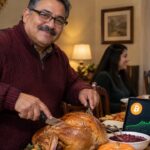 Man snijdt een kalkoen aan tijdens een Thanksgiving-diner, naast hem een tablet met een stijgende Bitcoin-grafiek