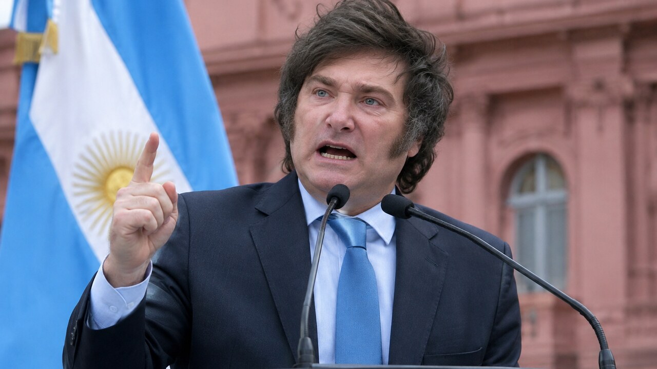 Javier Milei spreekt fel bij een spreekgestoelte voor de Casa Rosada in Buenos Aires met Argentijnse vlaggen