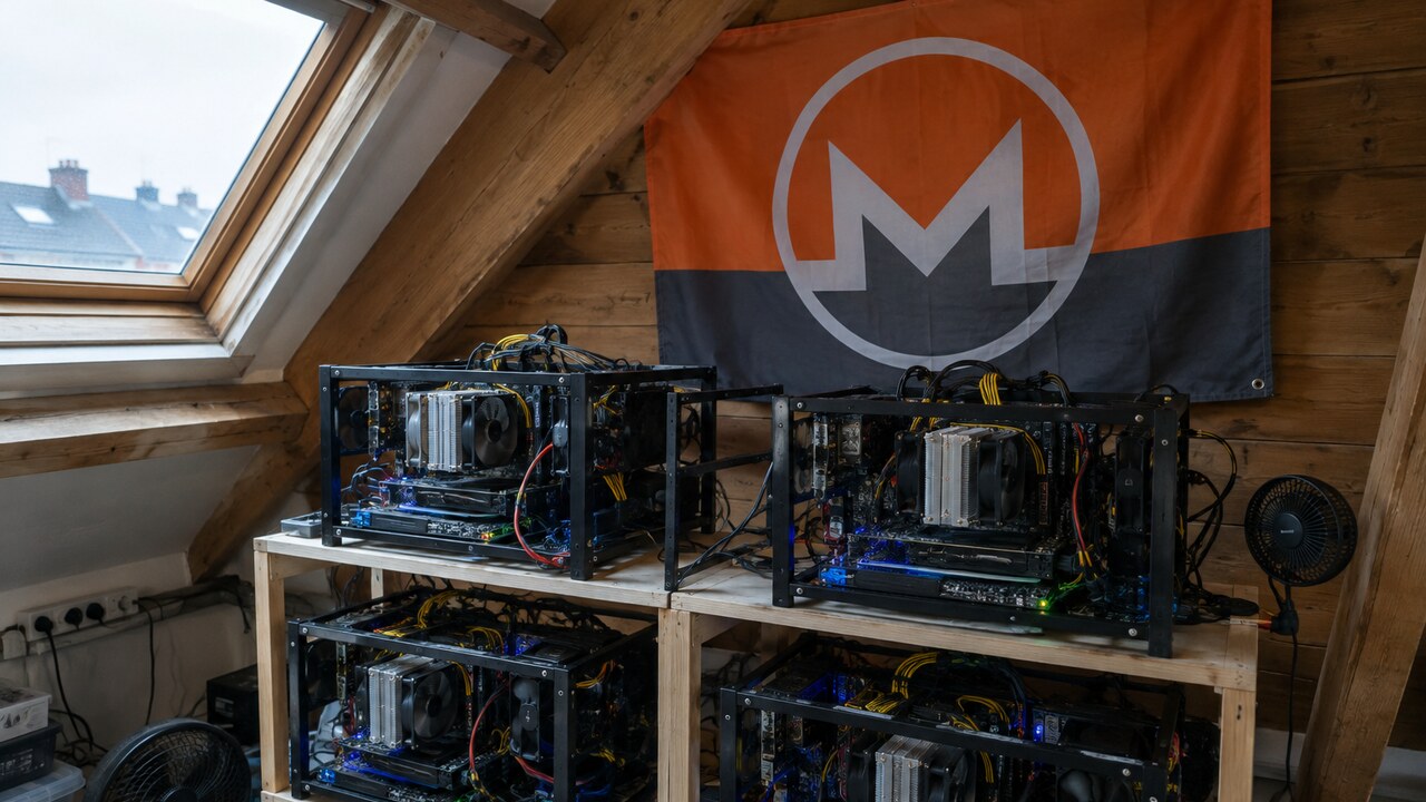 Zolderkamer vol open computers die Monero minen, met een grote Monero-vlag aan de dakbalk