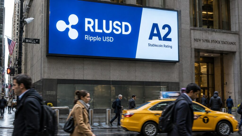 Digitaal reclamebord in het financiële district van New York toont het RLUSD-logo met een A2-rating boven voorbijgangers