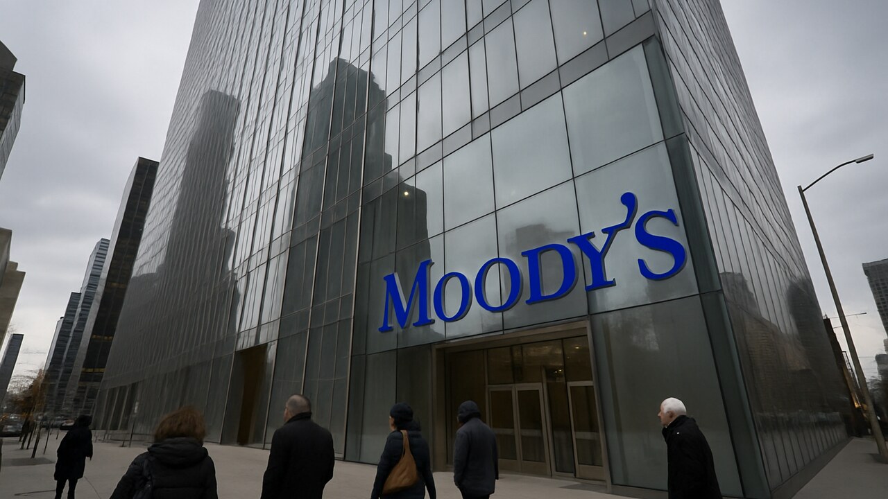 Gevel van het hoofdkantoor van Moody's in New York met het blauwe Moody's-logo