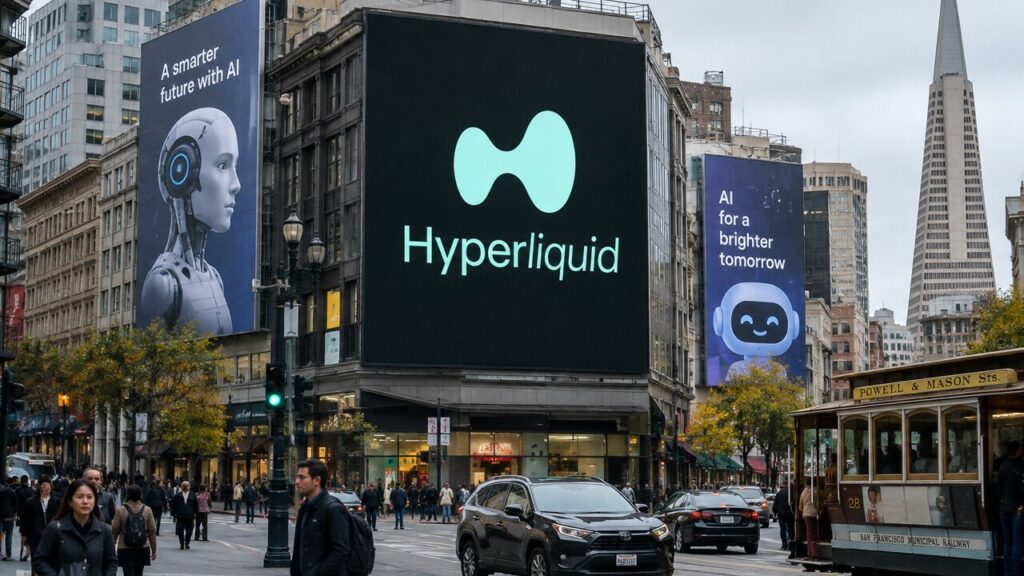 Druk kruispunt in San Francisco met AI-reclameborden en in het midden een groot digitaal billboard met het groene Hyperliquid-logo