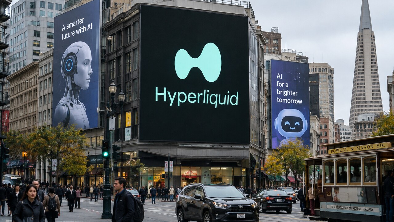 Druk kruispunt in San Francisco met AI-reclameborden en in het midden een groot digitaal billboard met het groene Hyperliquid-logo