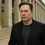 Elon Musk loopt buiten bij de ingang van het Pentagon in Washington
