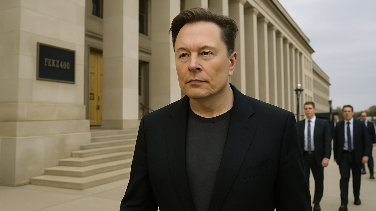 Elon Musk loopt buiten bij de ingang van het Pentagon in Washington
