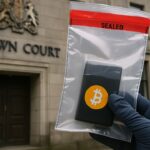 Bewijszak met een hardware wallet met Bitcoin-logo voor een Brits gerechtsgebouw