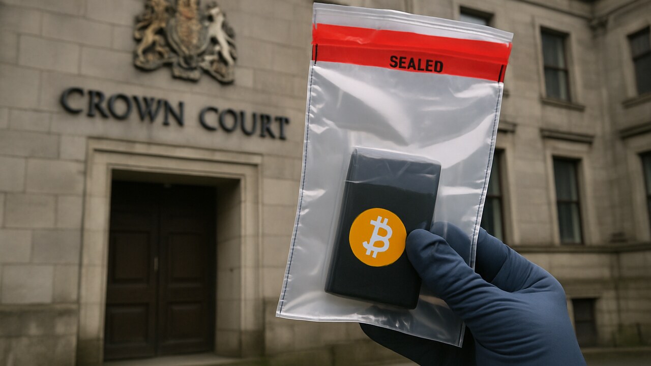 Bewijszak met een hardware wallet met Bitcoin-logo voor een Brits gerechtsgebouw