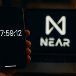 Hand met een smartphone met een aftellende timer voor een laptop met het NEAR-logo