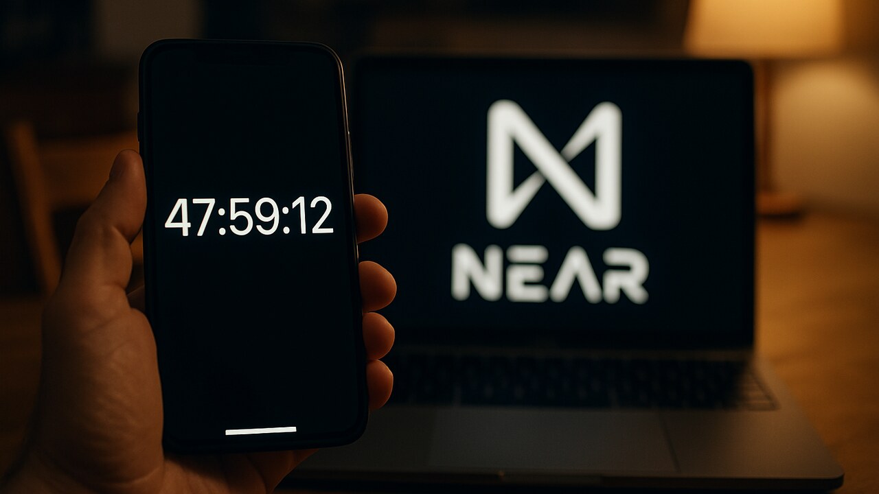 Hand met een smartphone met een aftellende timer voor een laptop met het NEAR-logo