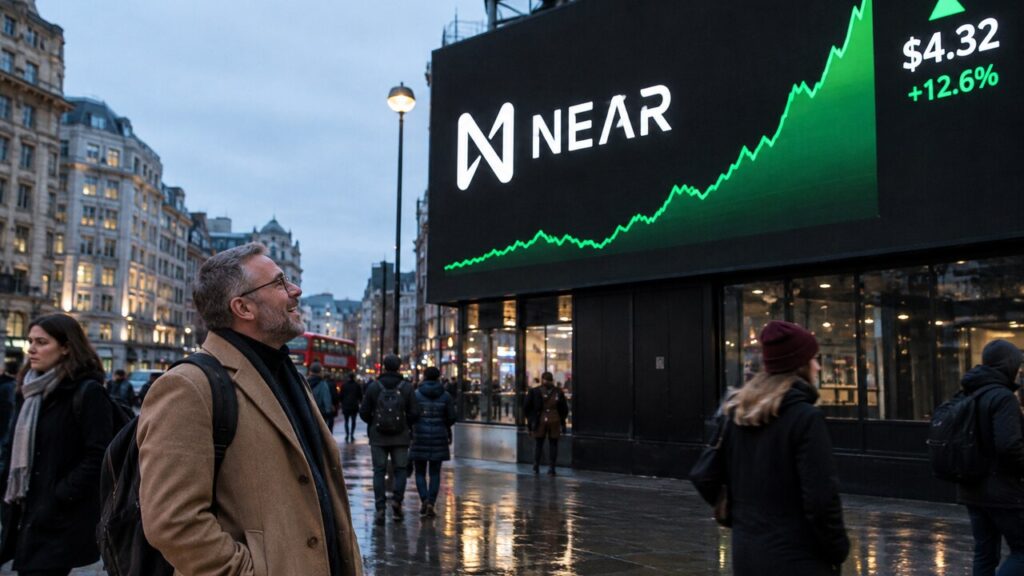 Groot reclamescherm op een plein met het NEAR-logo en een stijgende groene koersgrafiek, met voorbijgangers die omhoog kijken