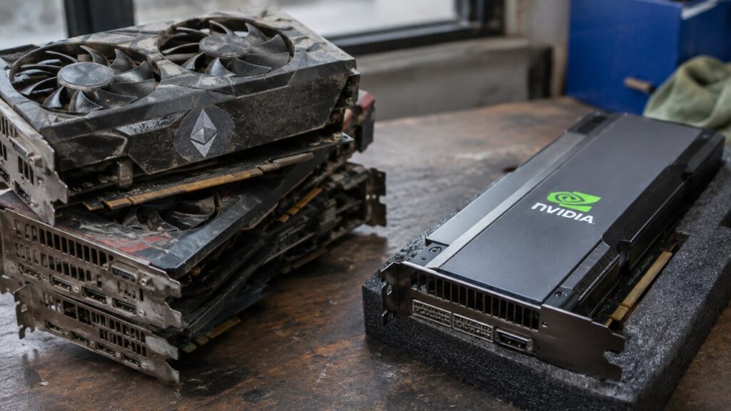 Stapel oude stoffige videokaarten uit een miningrig naast een nieuwe Nvidia-datacenterchip op een werkbank