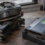 Stapel oude stoffige videokaarten uit een miningrig naast een nieuwe Nvidia-datacenterchip op een werkbank