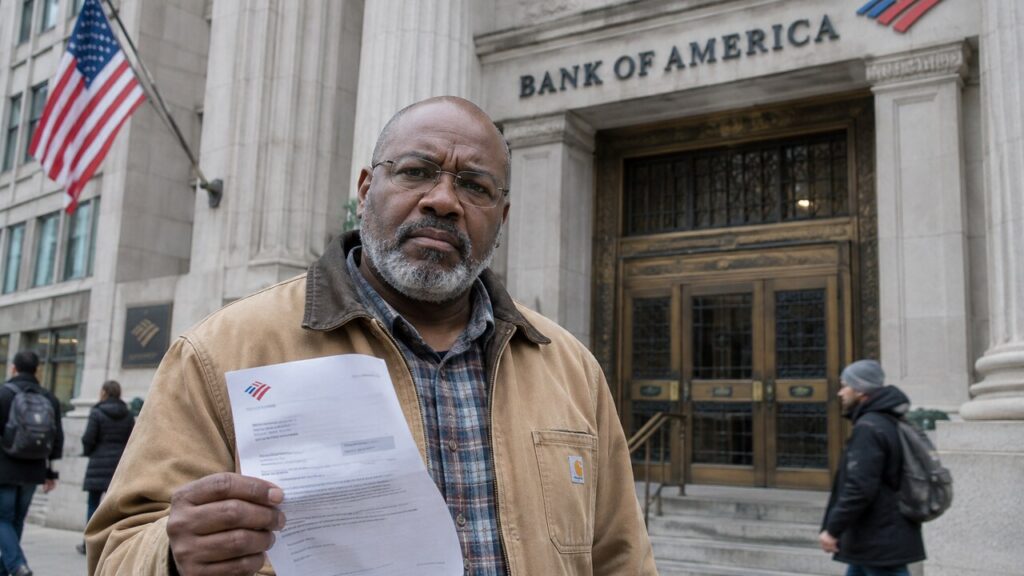 Ondernemer met een geopende bankbrief op de trappen voor de stenen gevel van een grote Amerikaanse bank