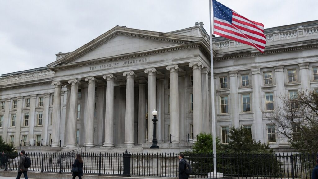 Het gebouw van het Amerikaanse ministerie van Financiën in Washington met een wapperende Amerikaanse vlag ervoor
