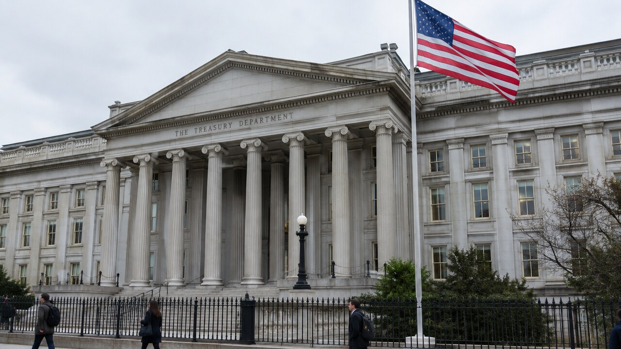 Het gebouw van het Amerikaanse ministerie van Financiën in Washington met een wapperende Amerikaanse vlag ervoor