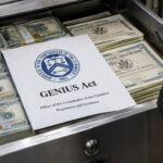 Kluislade met gebundelde dollarbiljetten en een regeldocument met het zegel van de OCC over de GENIUS Act