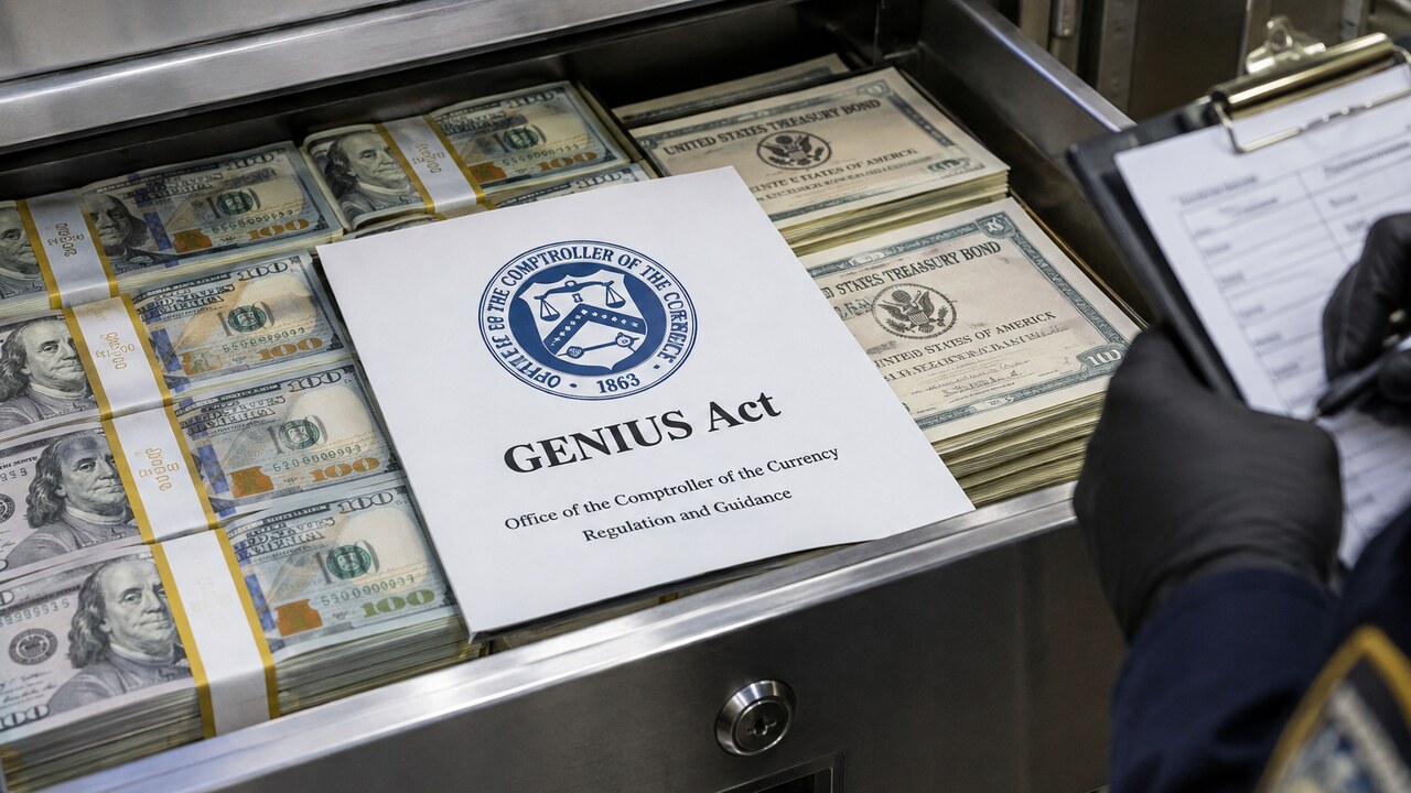 Kluislade met gebundelde dollarbiljetten en een regeldocument met het zegel van de OCC over de GENIUS Act