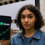 Vrouw houdt een smartphone met het Ondo Finance-logo omhoog voor de gevel van de New York Stock Exchange
