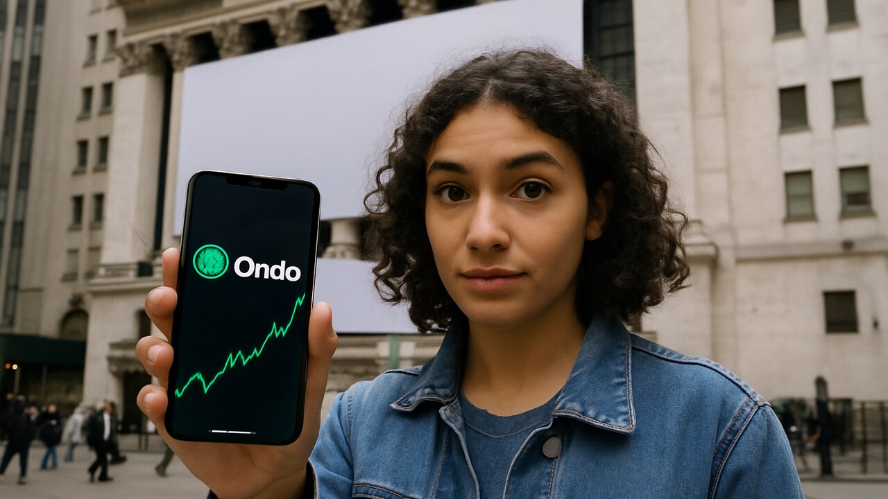 Vrouw houdt een smartphone met het Ondo Finance-logo omhoog voor de gevel van de New York Stock Exchange