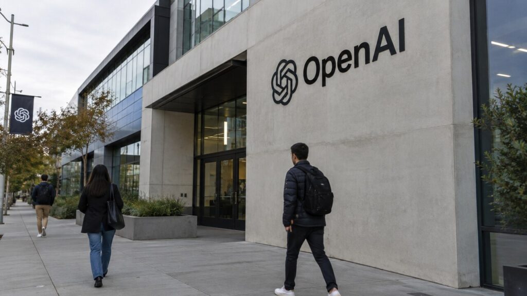 Gevel van het OpenAI-hoofdkantoor in San Francisco met het OpenAI-logo, gezien vanaf de straat op een bewolkte middag