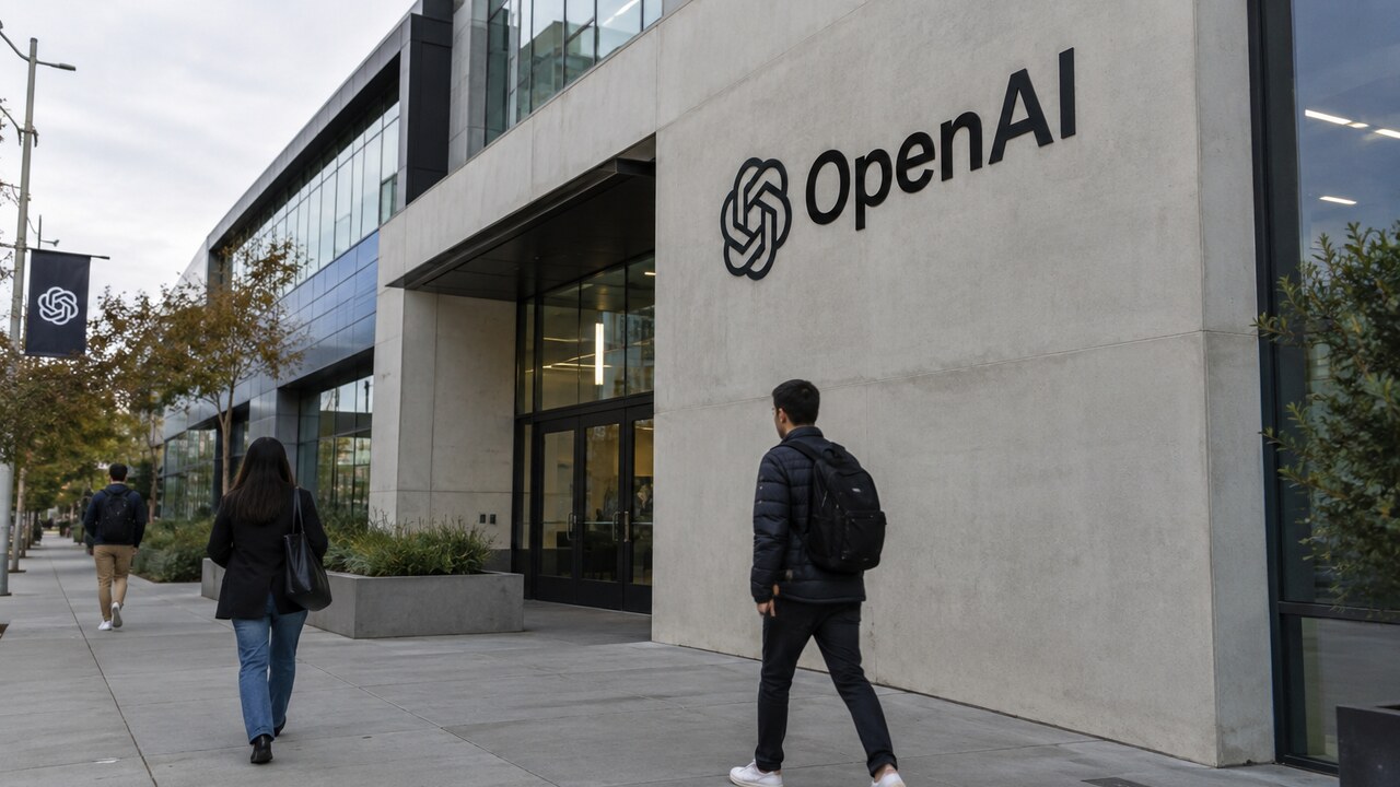 Gevel van het OpenAI-hoofdkantoor in San Francisco met het OpenAI-logo, gezien vanaf de straat op een bewolkte middag