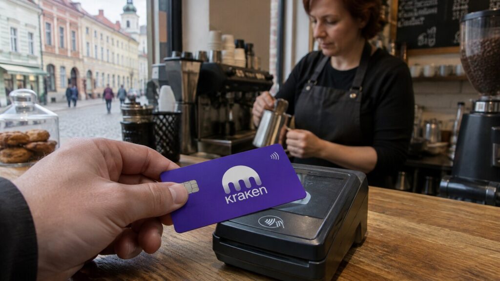 Hand houdt een paarse betaalkaart met Kraken-logo tegen een betaalterminal in een café in Vilnius