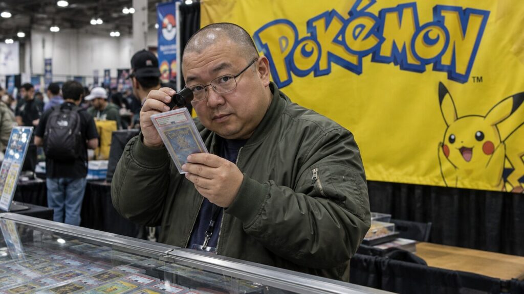 Verzamelaar bekijkt een gewaardeerde Pokémonkaart met een loep op een kaartenbeurs, met een groot Pokémon-logo op de achtergrond