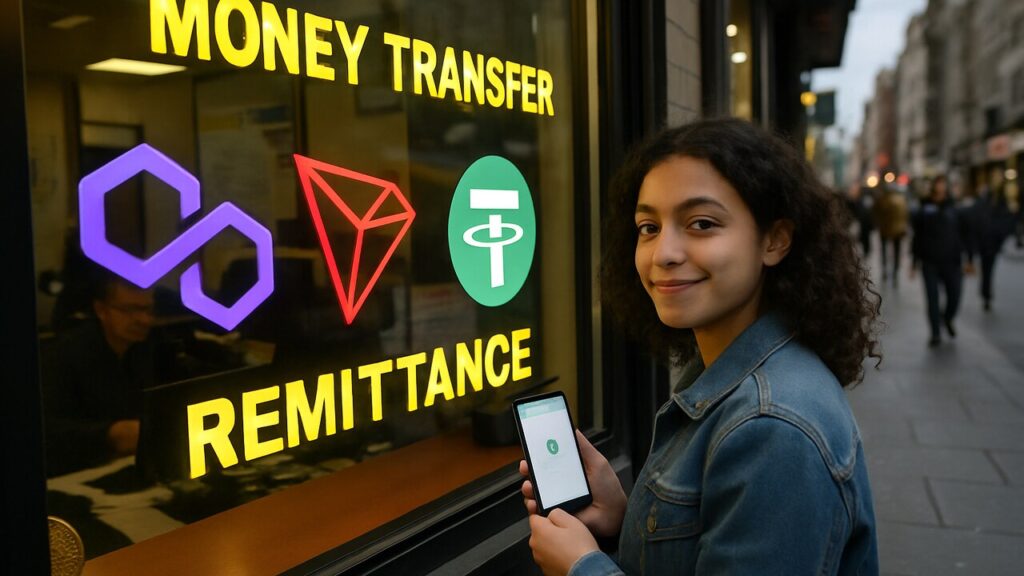 Geldovermakingswinkel met de logo's van Polygon, TRON en USDT in de etalage en een vrouw met een smartphone
