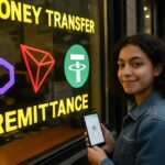 Geldovermakingswinkel met de logo's van Polygon, TRON en USDT in de etalage en een vrouw met een smartphone