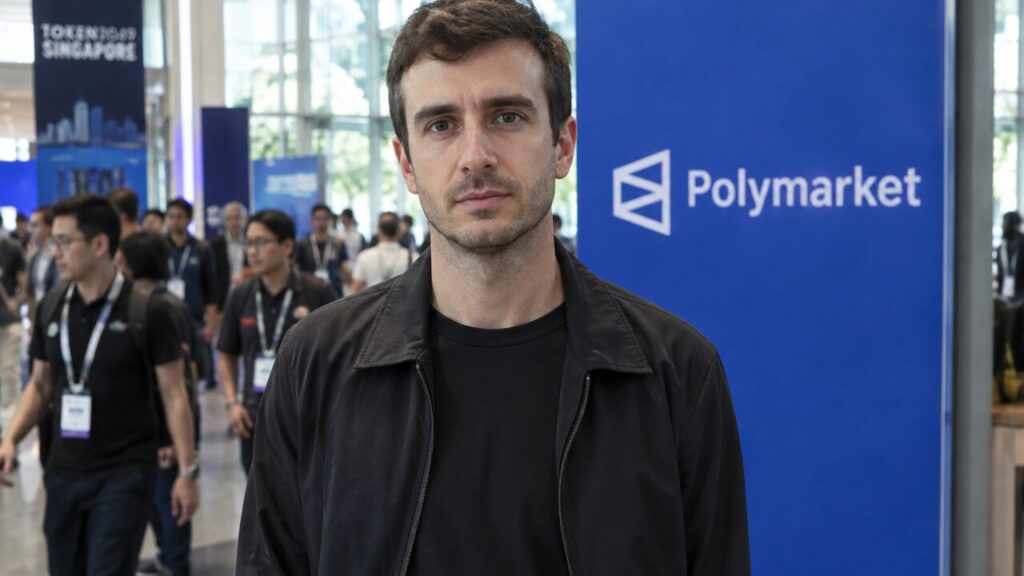 Polymarket-CEO Shayne Coplan in een conferentiehal met een groot Polymarket-logo op de achtergrond